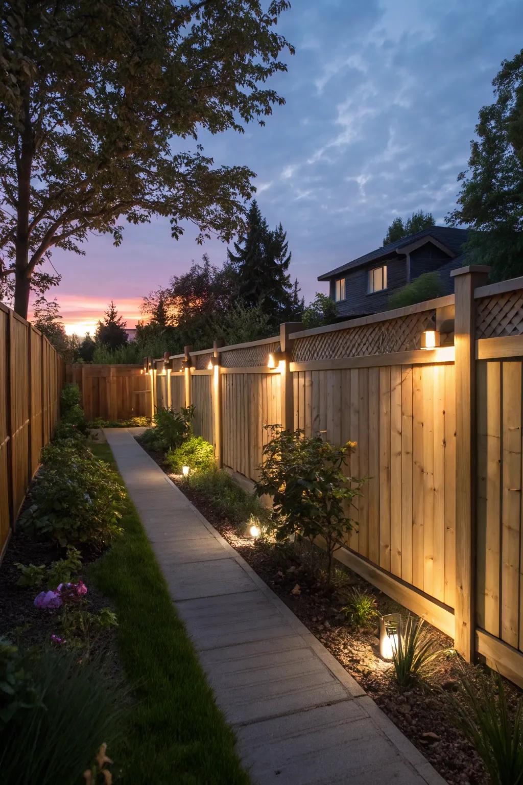 Illuminated fences create a magical atmosphere after dark.