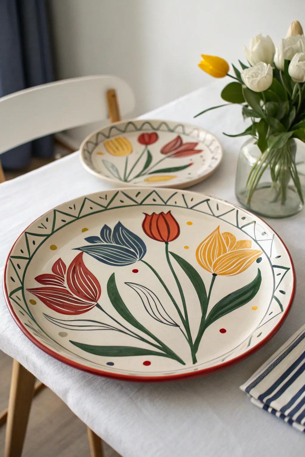 Stylized tulips add a modern and striking touch to your plate designs.