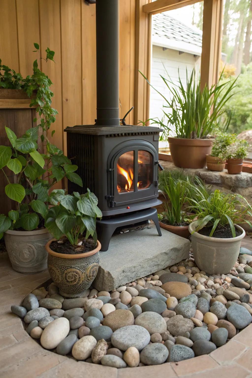 Natural elements create a serene atmosphere around the stove.