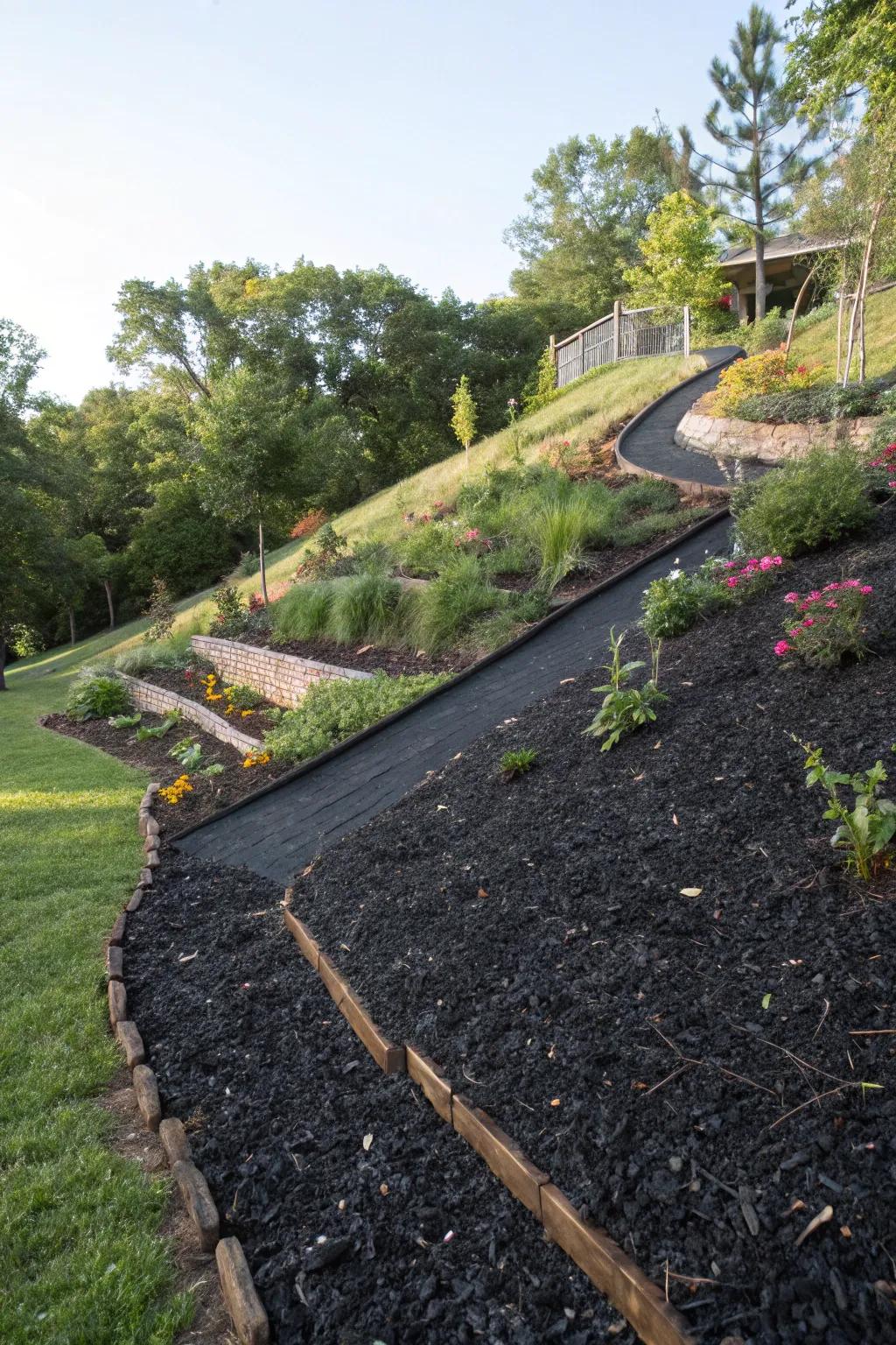 Stabilize slopes with the sleek look of black mulch.