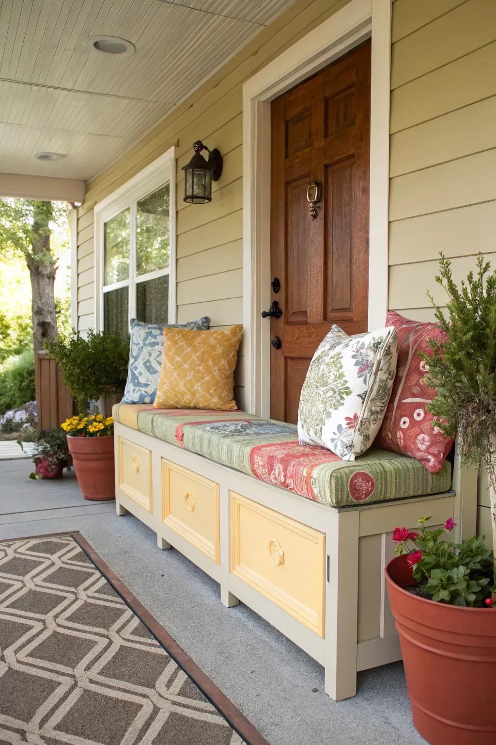 A storage bench with ornate cushions sits upon a front porch.