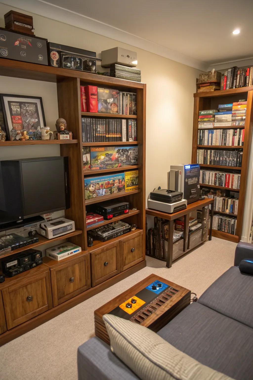 Bookcase displays add both storage and style to your gaming room.