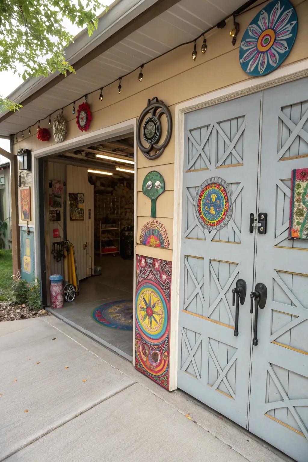 A garage with whimsical elements that add a unique flair.