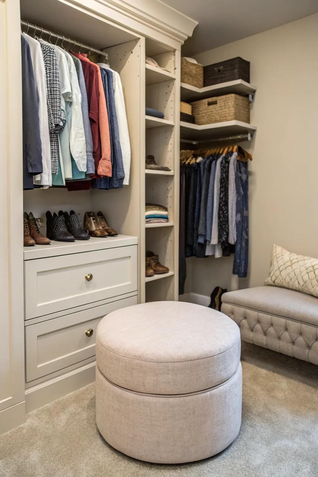 A seating area transforms your closet into a personal retreat.