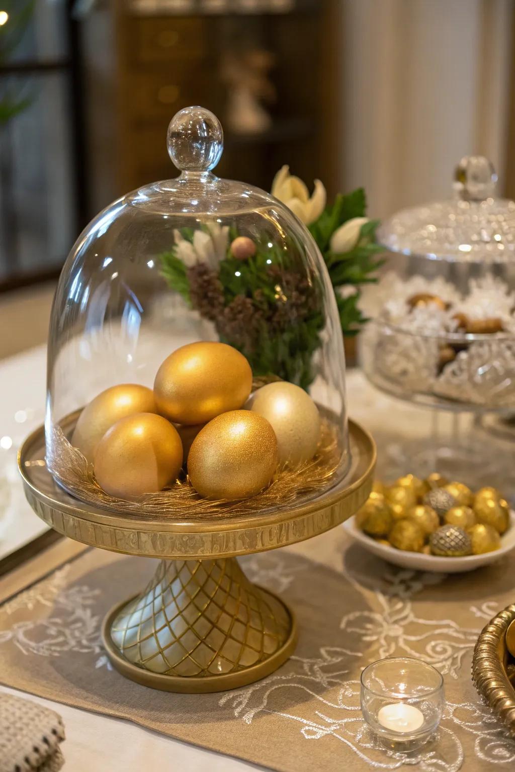 Golden eggs under a cloche create a sophisticated display.