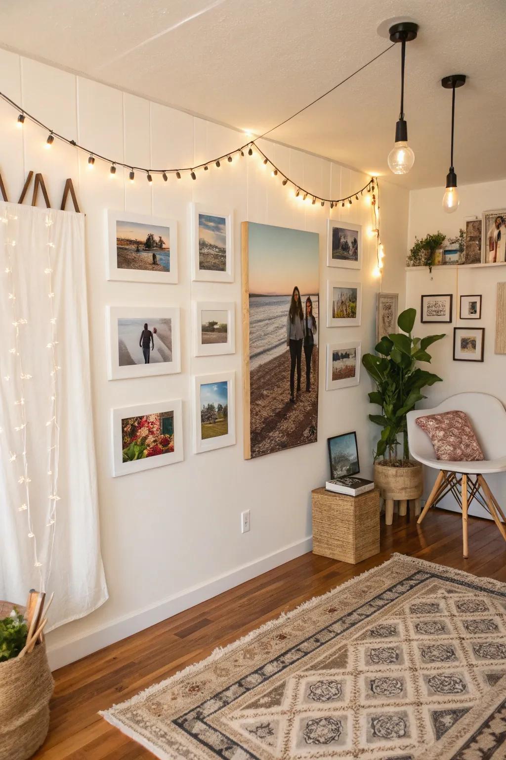 DIY photo canvases create an artistic and textured display.