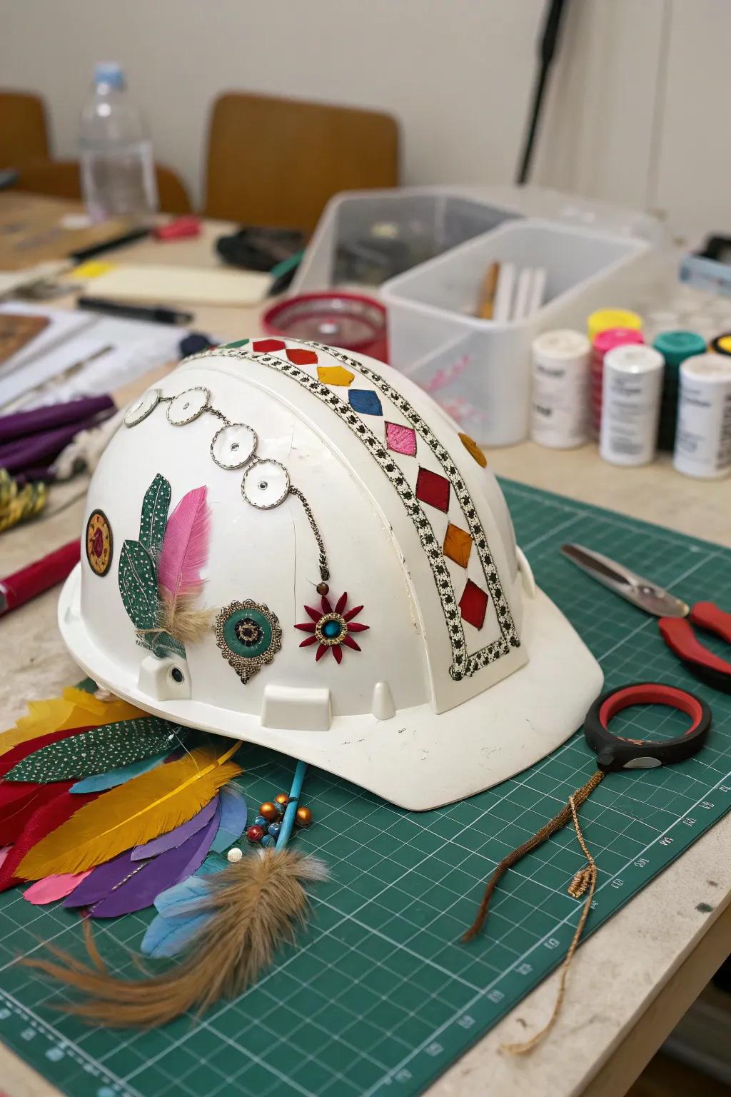 A hard hat creatively adorned with recycled materials.