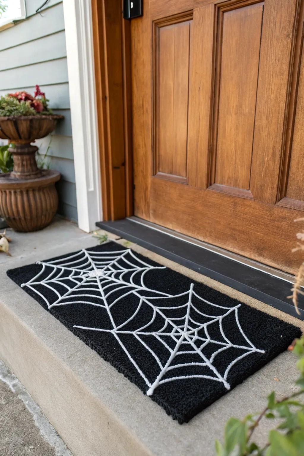 Greet visitors via a chilling arachnid web entry mat.