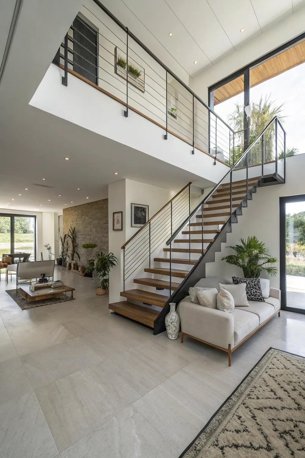 A striking floating staircase enhances modern elegance.