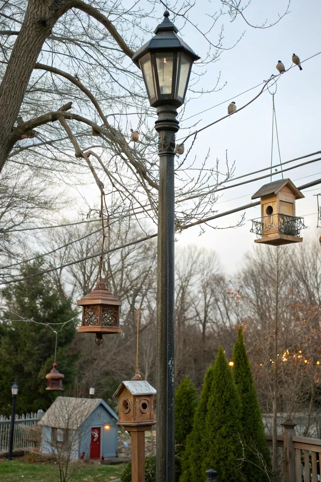 Bird-friendly features attracting wildlife to a lamp post area.