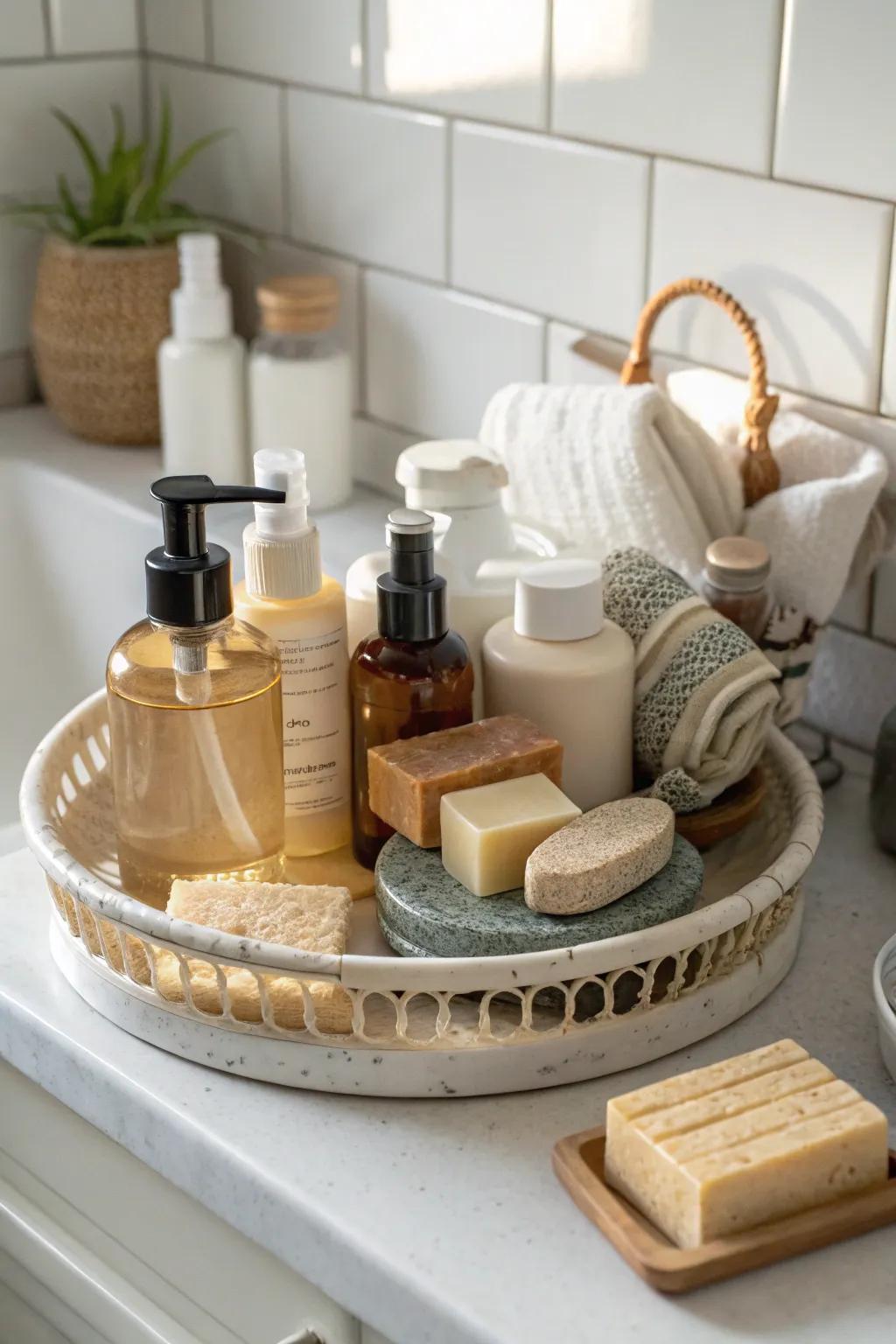 A bathroom organized with essentials on a lazy Susan.