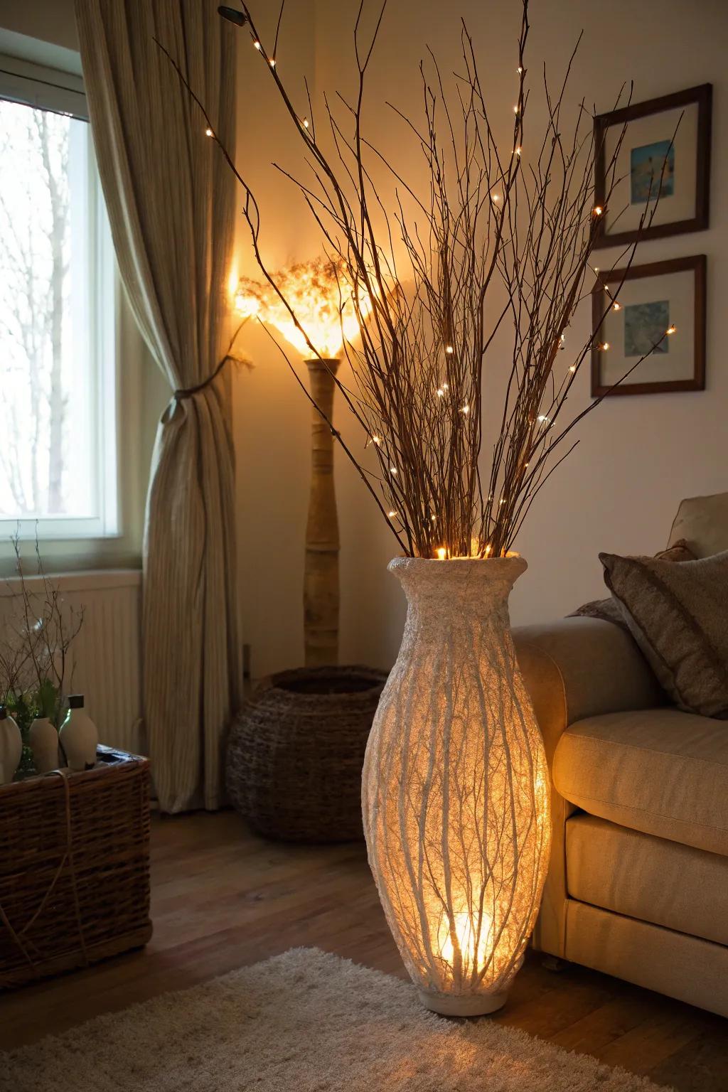 LED lights inside a vase create a warm and inviting evening glow.