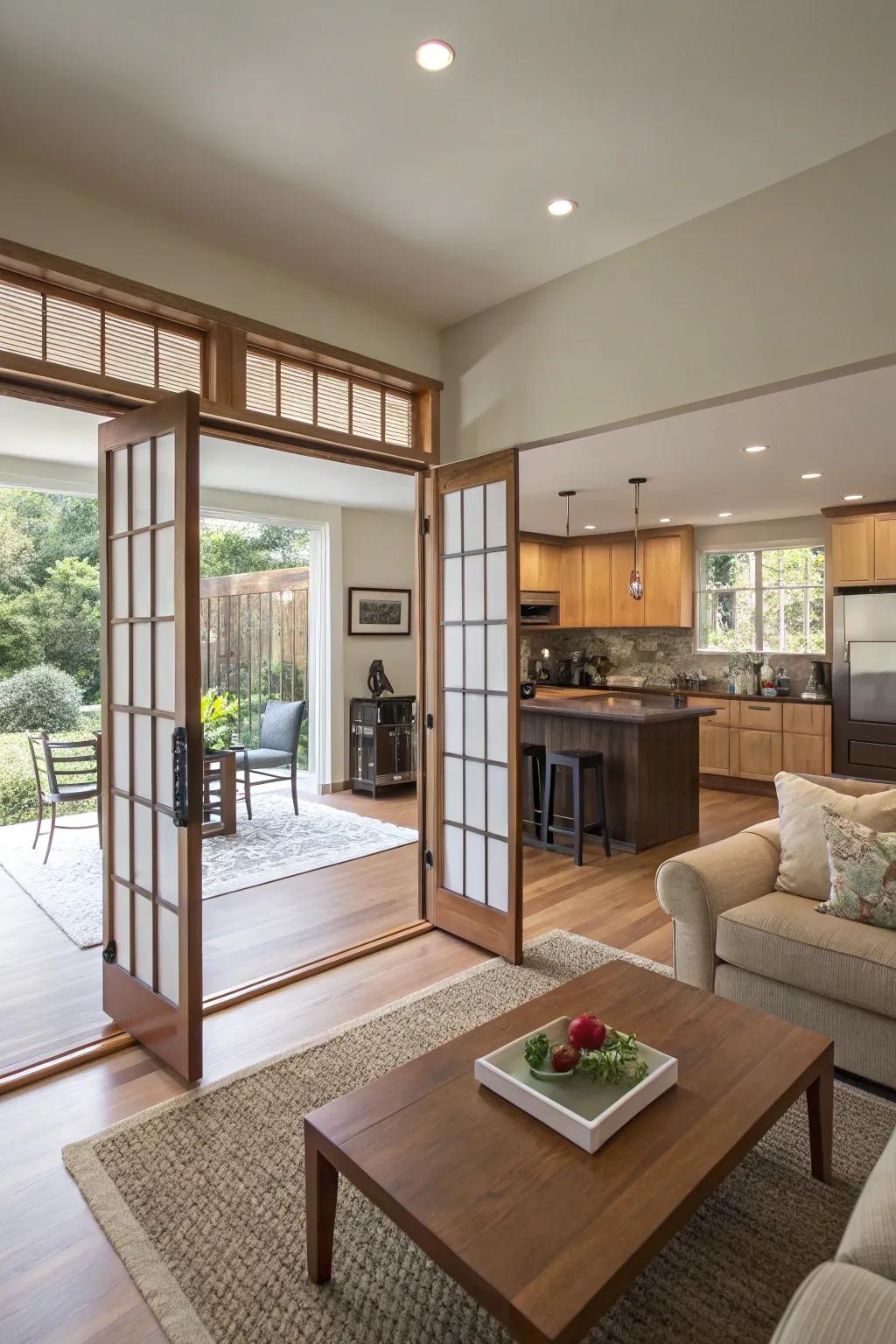 Sliding doors offer privacy and flexibility while maintaining openness.