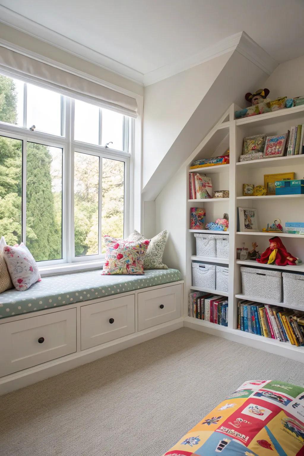 A window seat with storage offers a cozy spot for daydreaming.