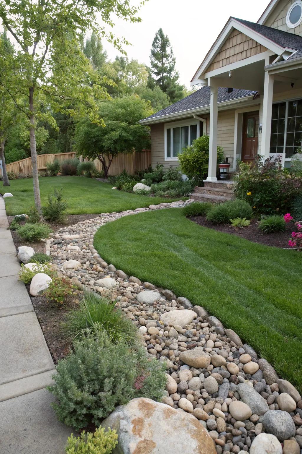 A harmonious combination of rocks and a small lawn.