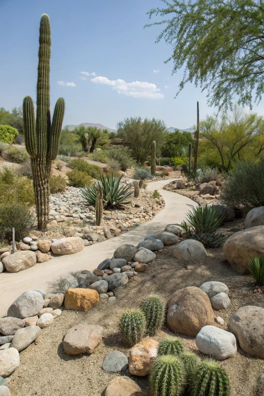 Capture desert vibes with a combination of cacti and river rocks.