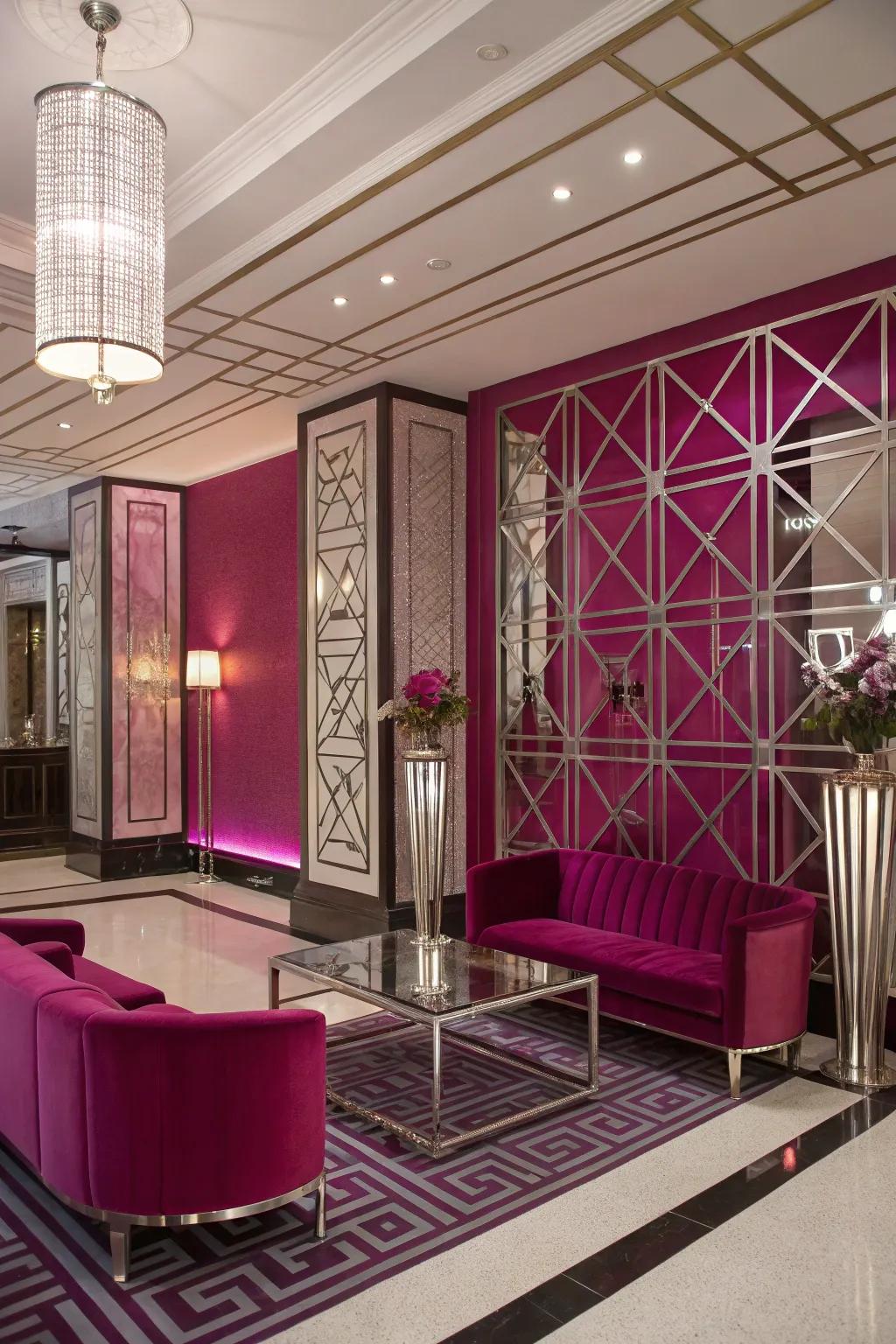 Purple accents bring a contemporary revision to this Decorative Arts-inspired room.