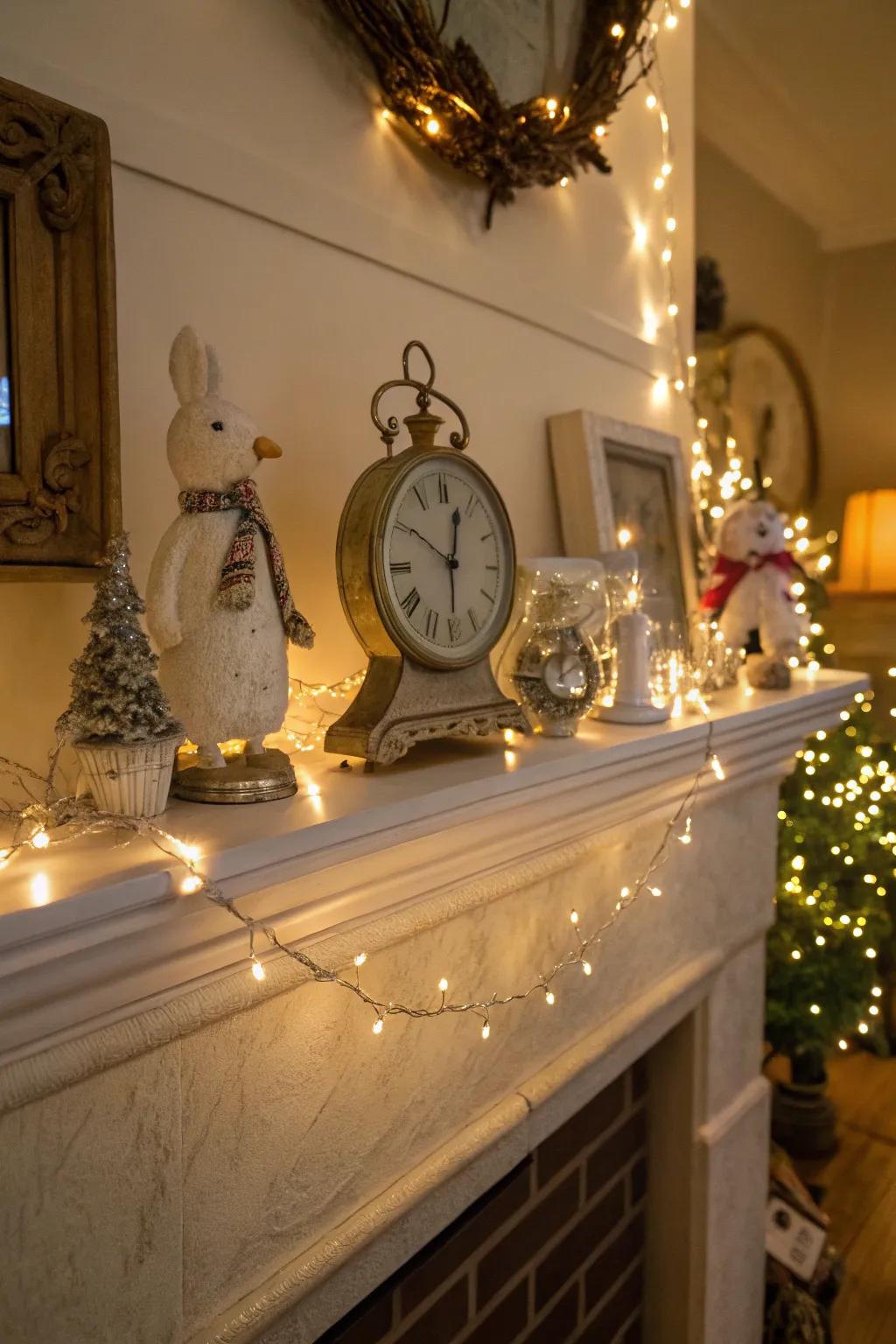 A whimsical mantel with a clock and playful decor elements.