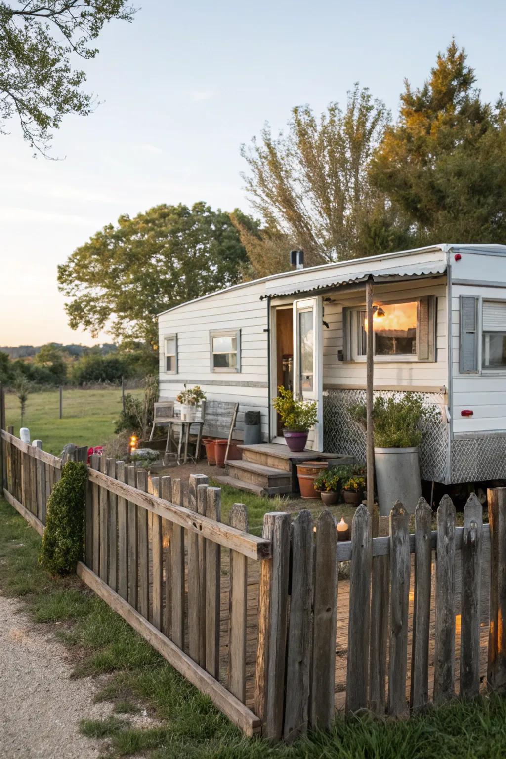 A reclaimed wood fence adding rustic charm to a mobile home.