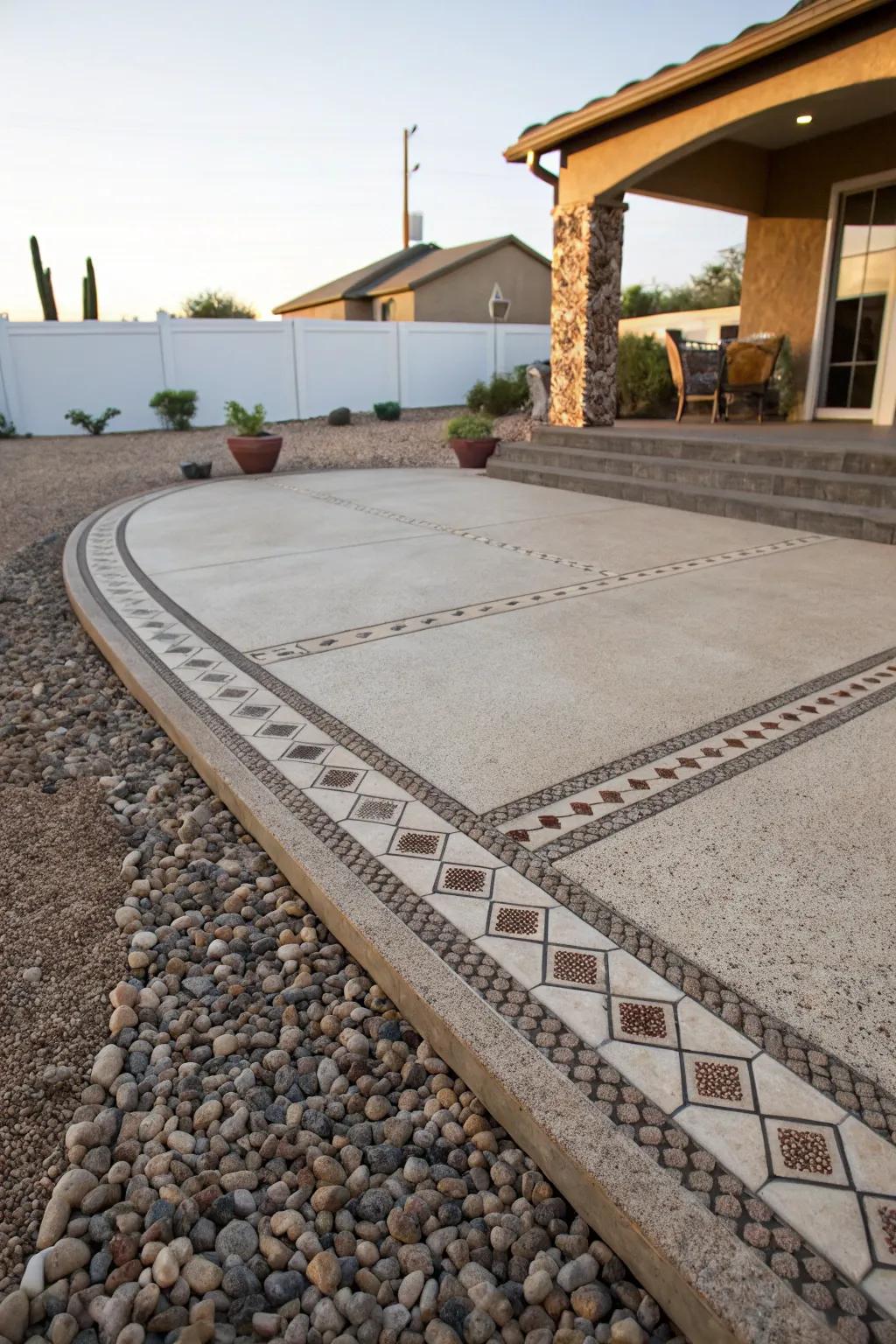 Patterned borders define the patio's edges.