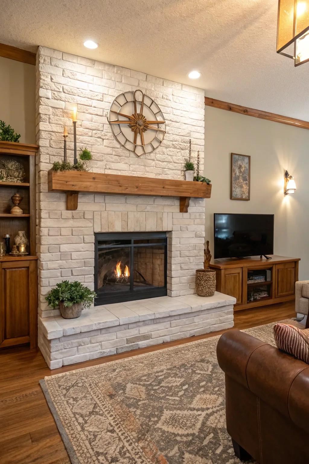 Natural elements add warmth to a painted brick fireplace.