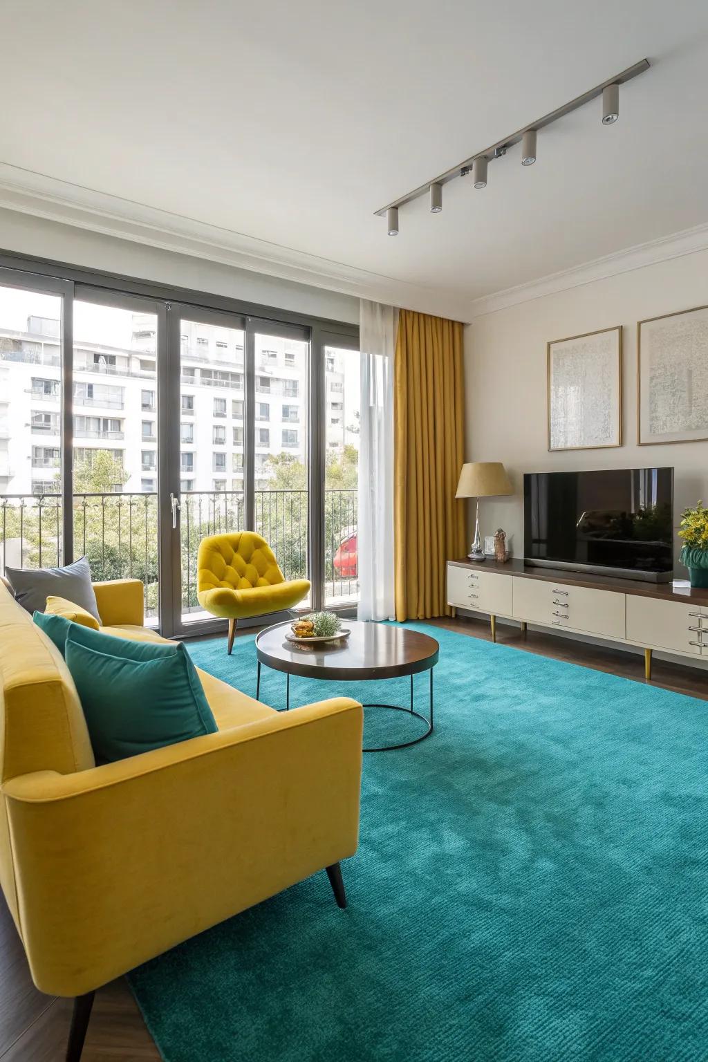 Teal carpeting anchors the room with bold style.