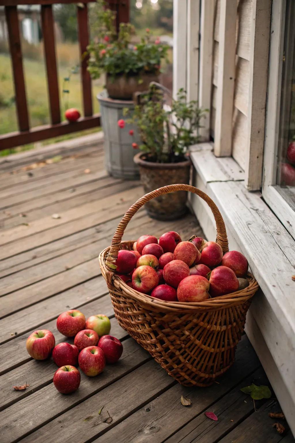 A basket of fresh apples adds an inviting and fragrant touch.