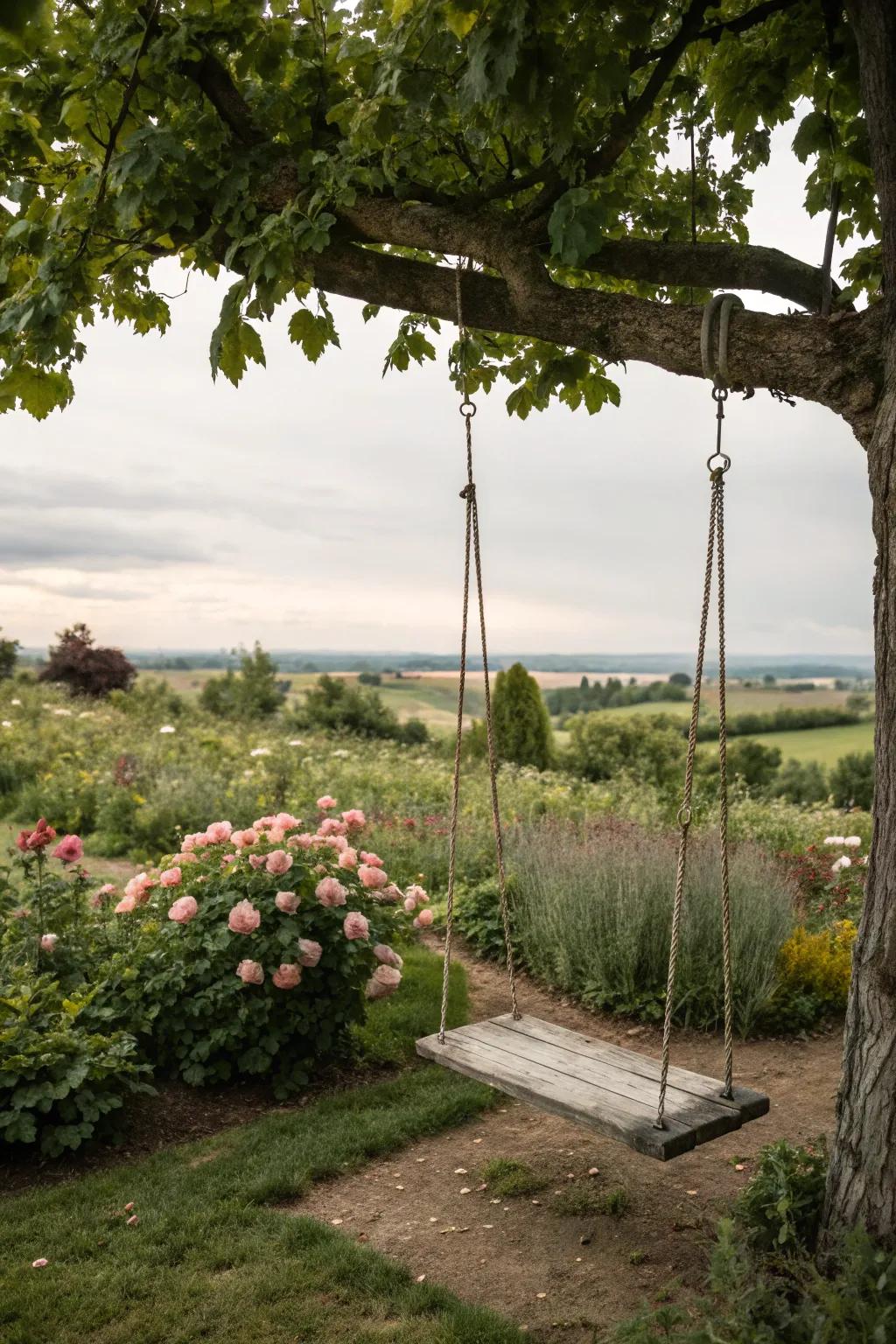 An outdoor swing adds a playful and serene spot for relaxation.