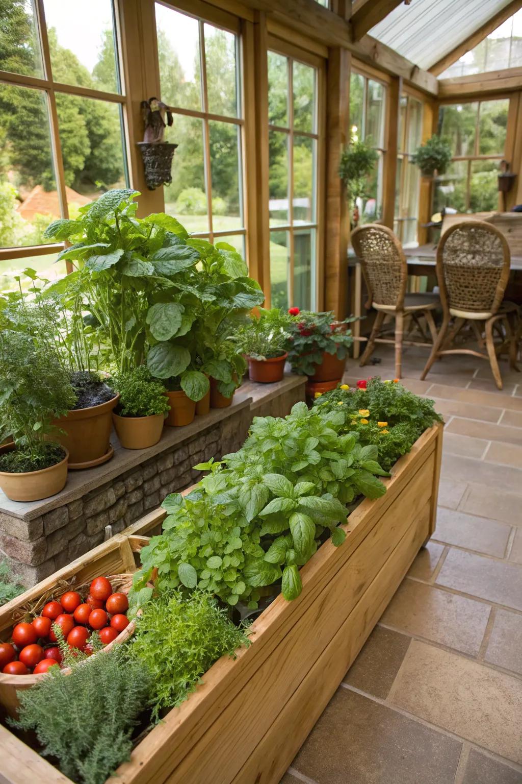 Edible plantings bringing freshness and utility to a garden room.