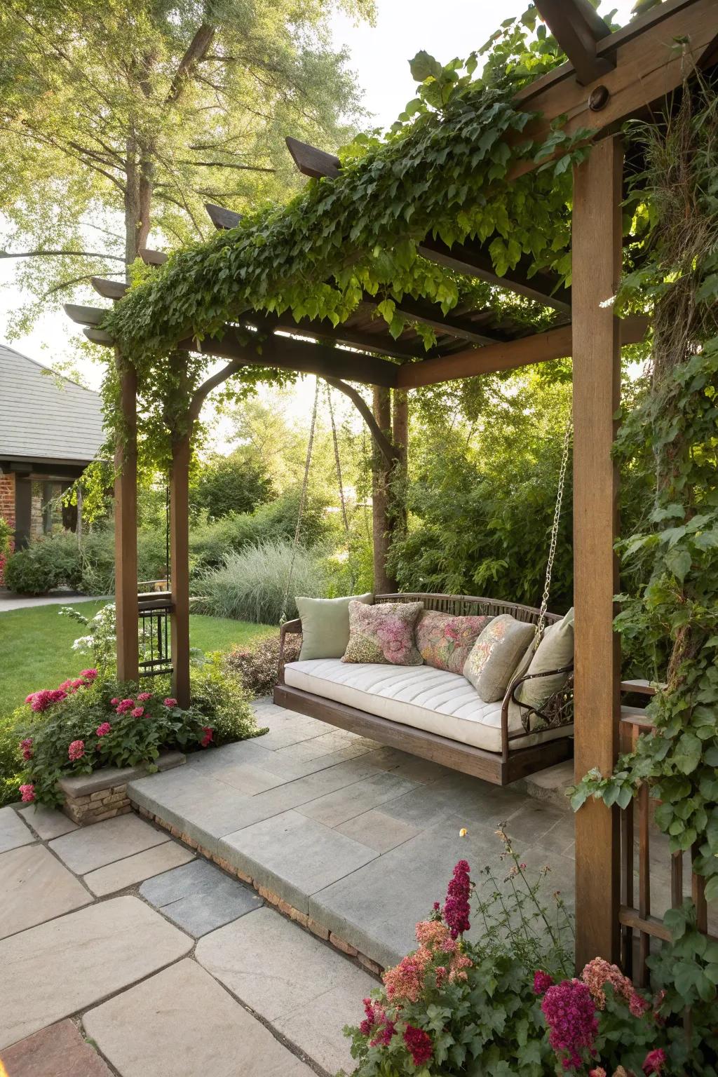 A pergola with a swing provides a shaded spot for relaxation.