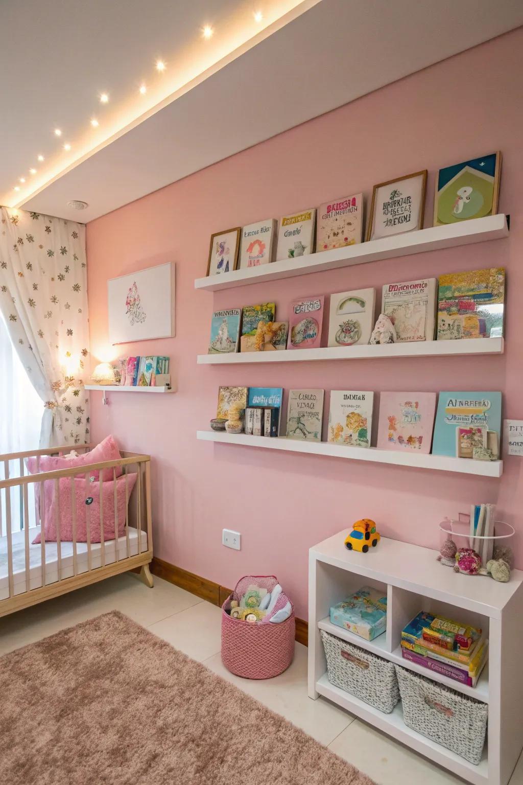 Creative wall shelves provide elegant storage and display.
