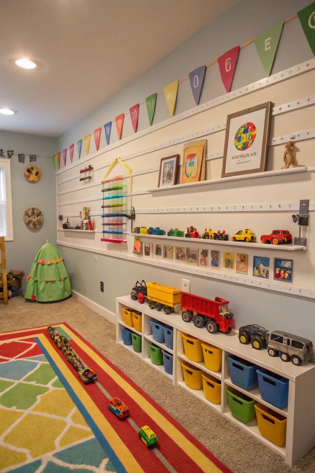 Magnetic strips in a playroom, neatly organizing metal toys.