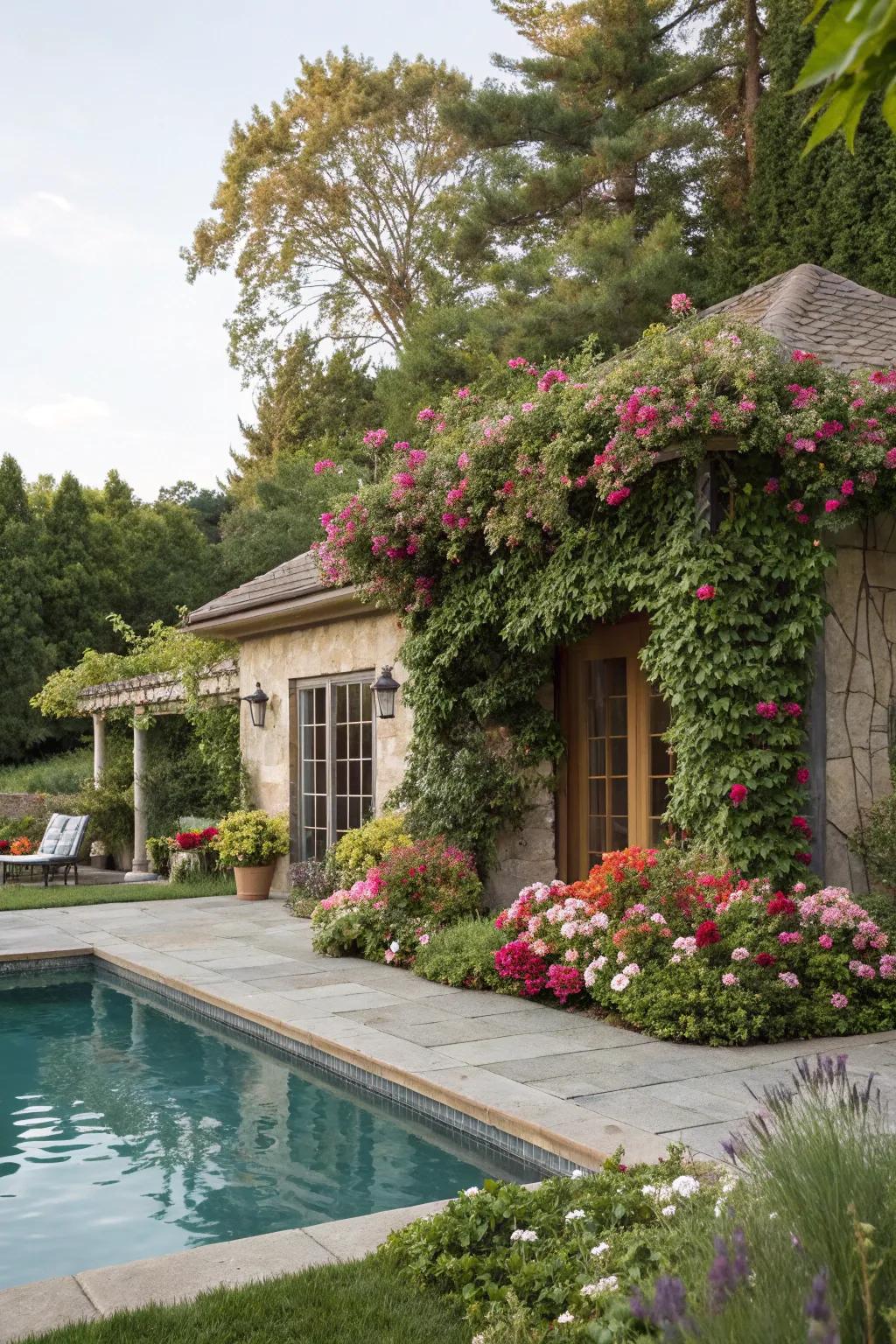 Flowering vines create a magical, garden-like atmosphere.