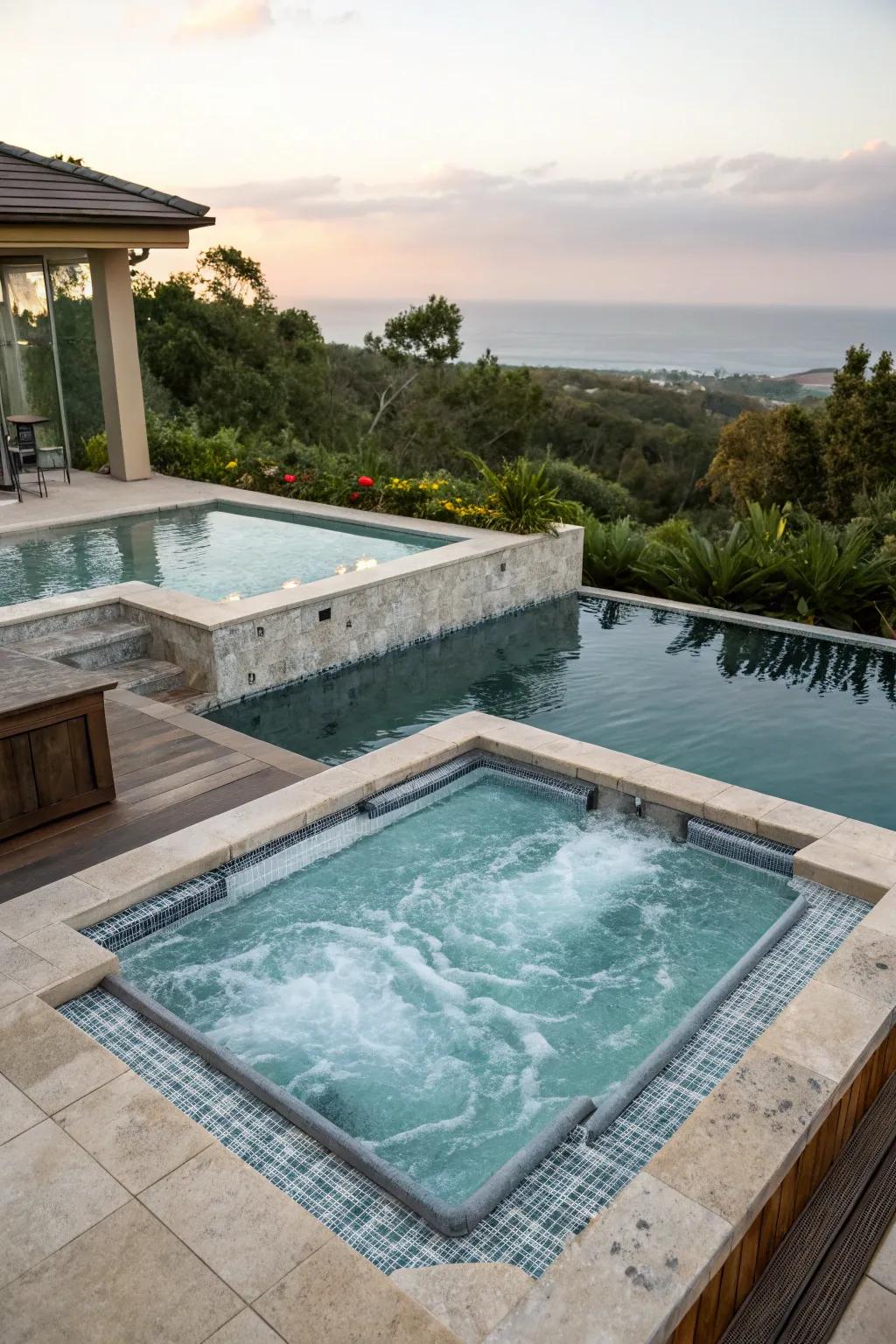 A multi-level pool and spa provides diversified swimming and soaking ventures.
