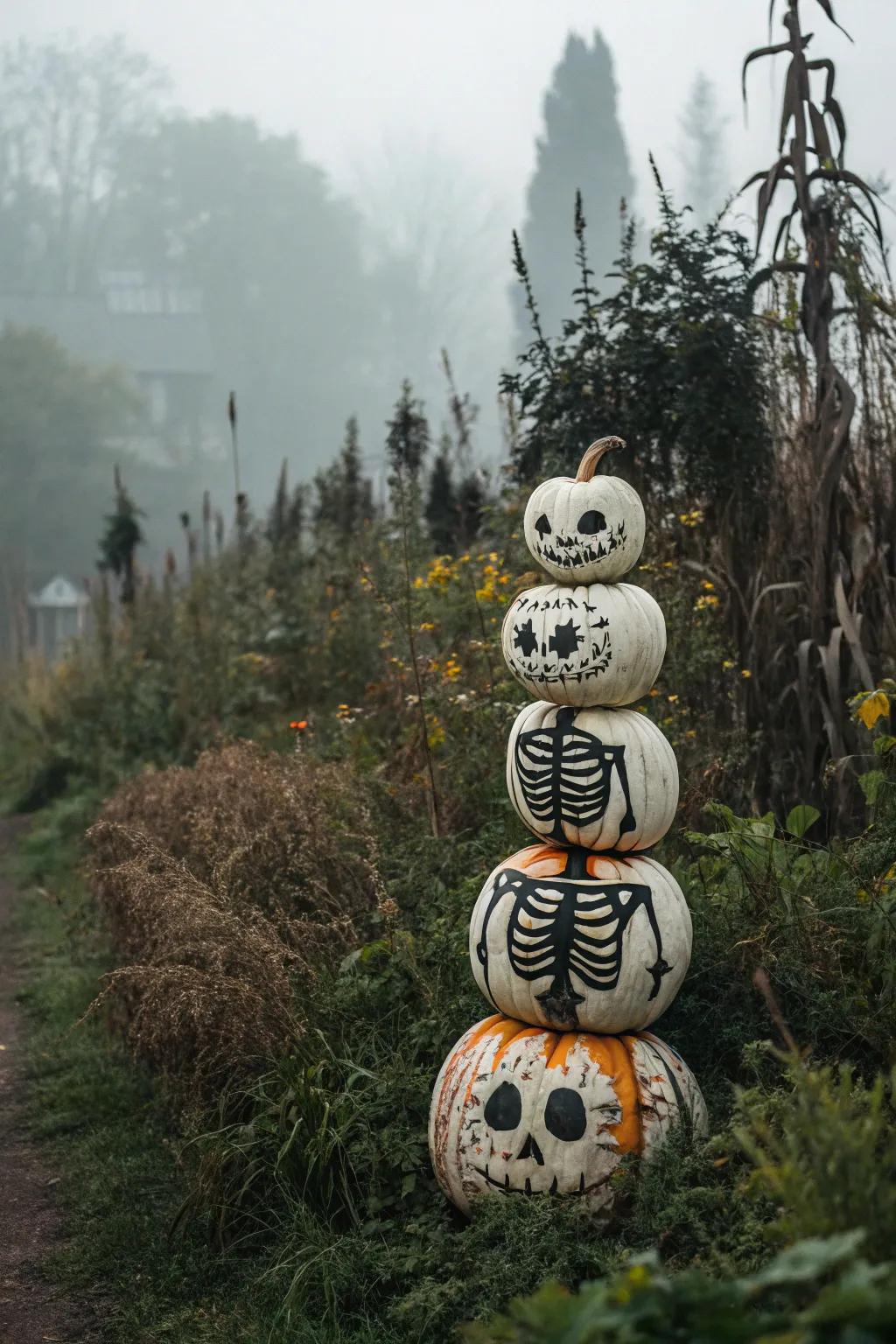 Stacked skeleton pumpkins make a hauntingly fun display.