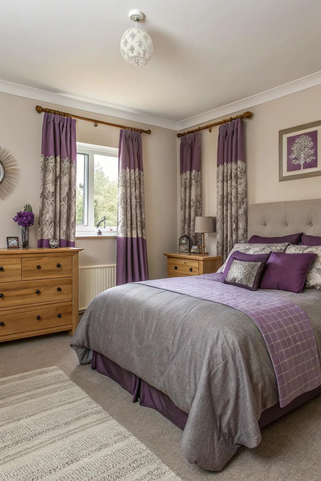 Purple mixed with soft neutrals creates a sophisticated balance.