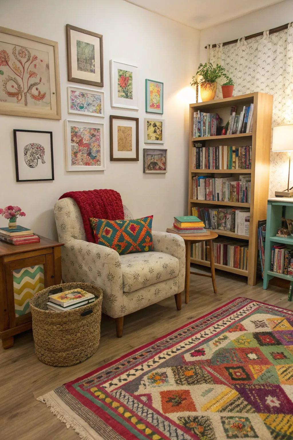 An eclectic reading nook full of personality and charm.