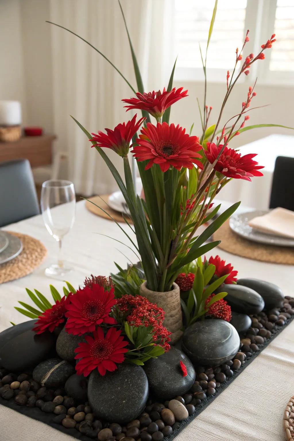 A natural centerpiece featuring black stones and red flowers for organic elegance.