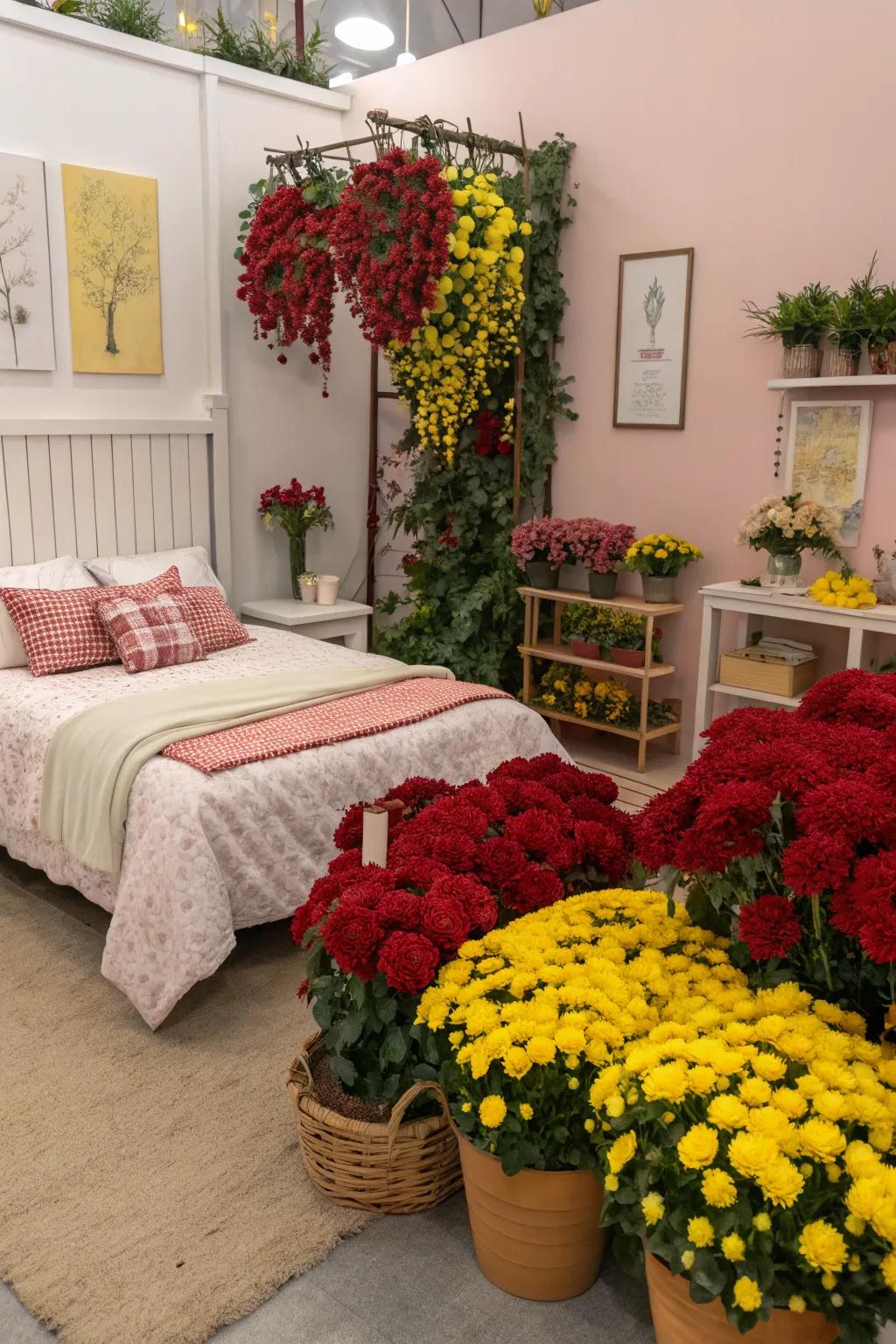 Scarlet and gold botanical arrangements add a touch of nature and vibrancy to this bedroom.