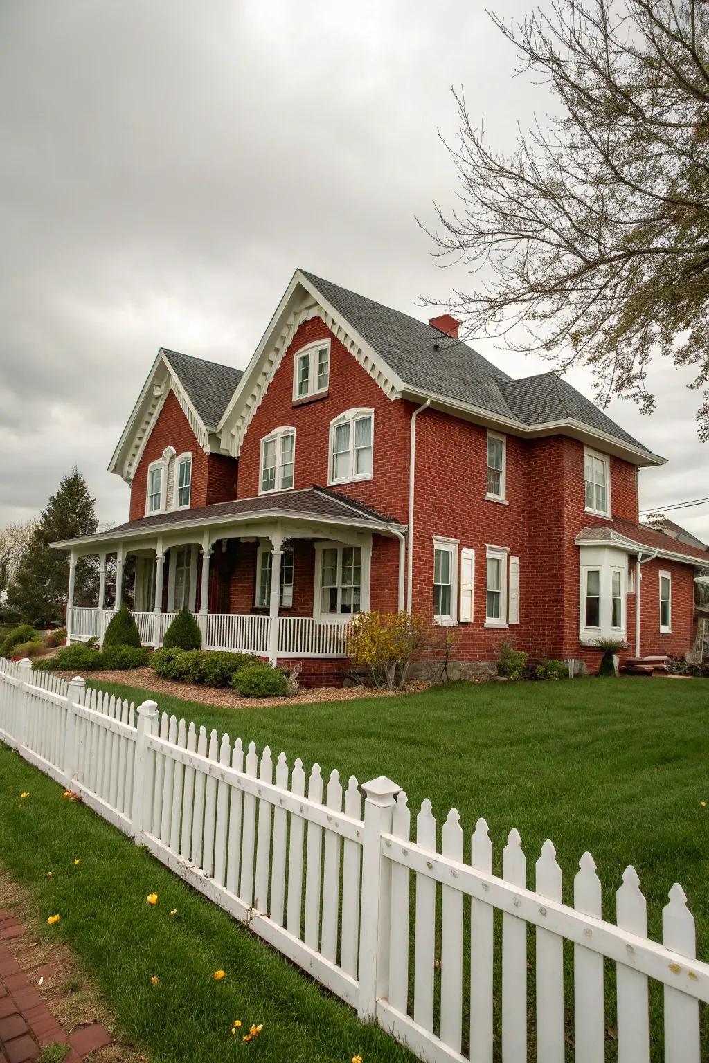 Pale trim delivers a soft and neutral divergence to the warmth of red brick.