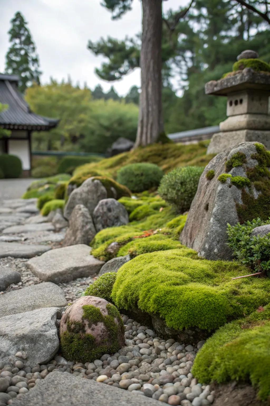 Moss softens the appearance of rocks, adding lush texture.