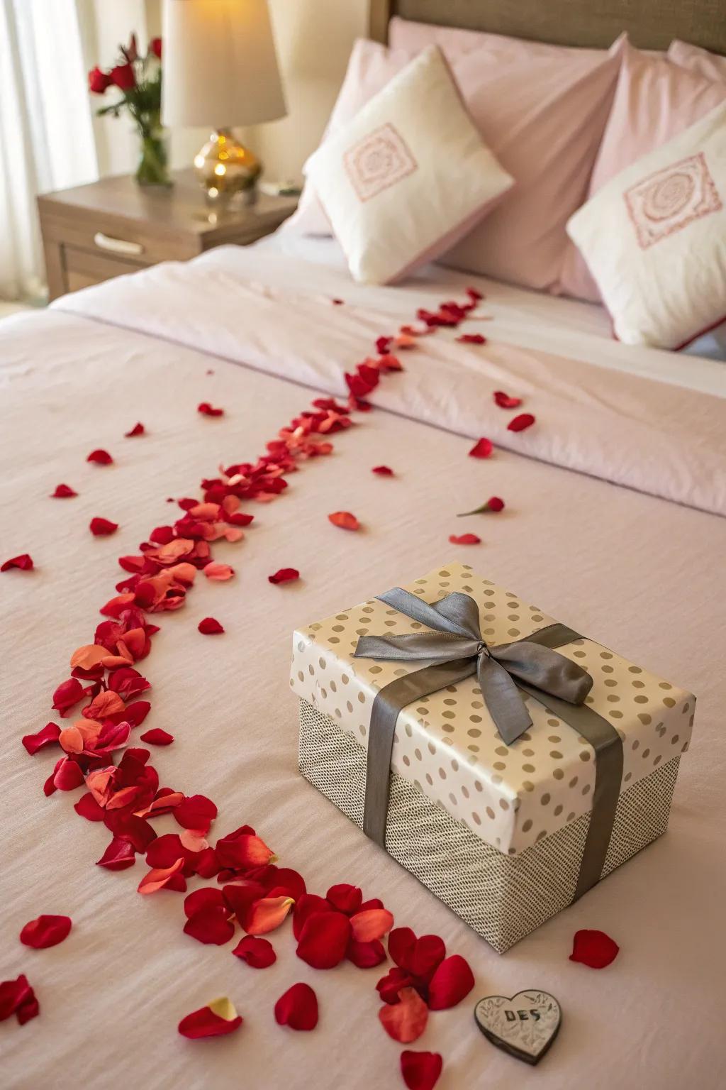 A rose petal path ending with a special gift on the bed.