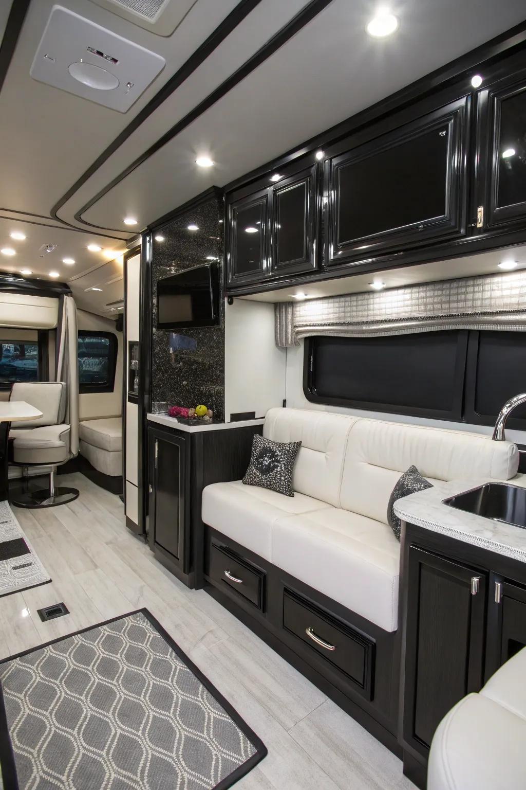 A black and white scheme establishes a timeless RV interior.