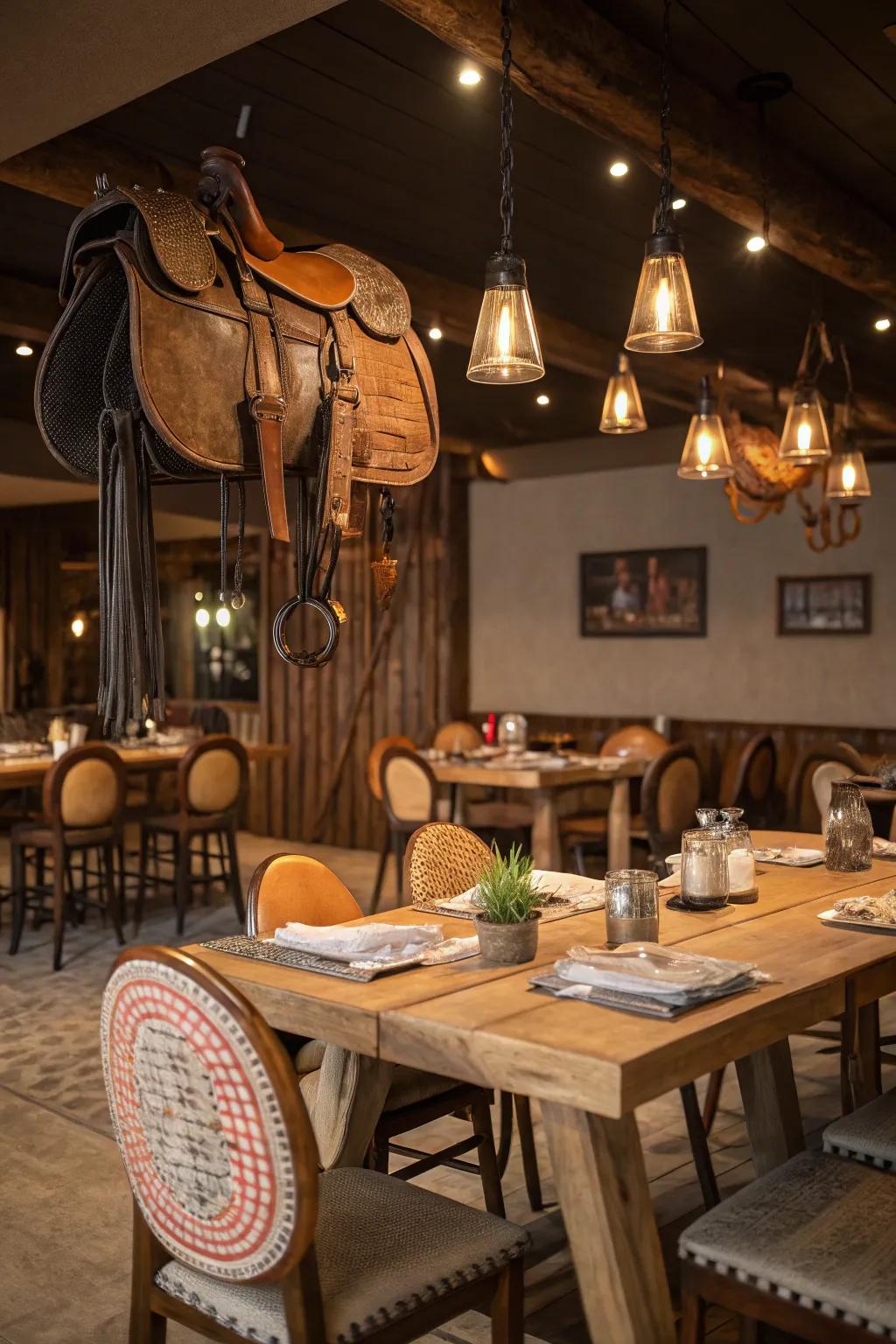 Saddle-inspired lighting fixtures cast a warm glow in this rustic dining area.