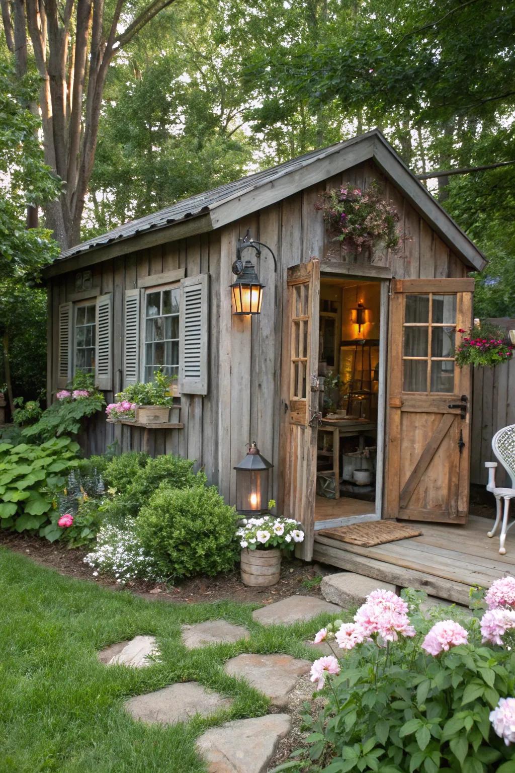 Country charm and warmth in a she shed retreat.