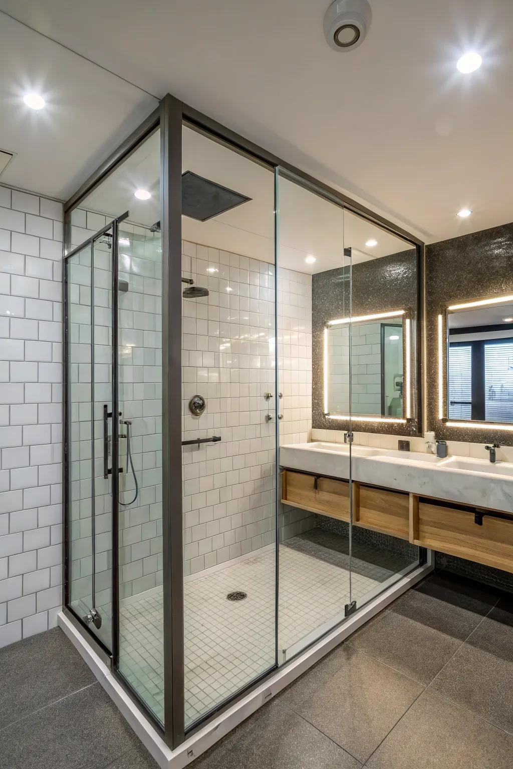 Mirrors enhancing the light and space in the shower area.