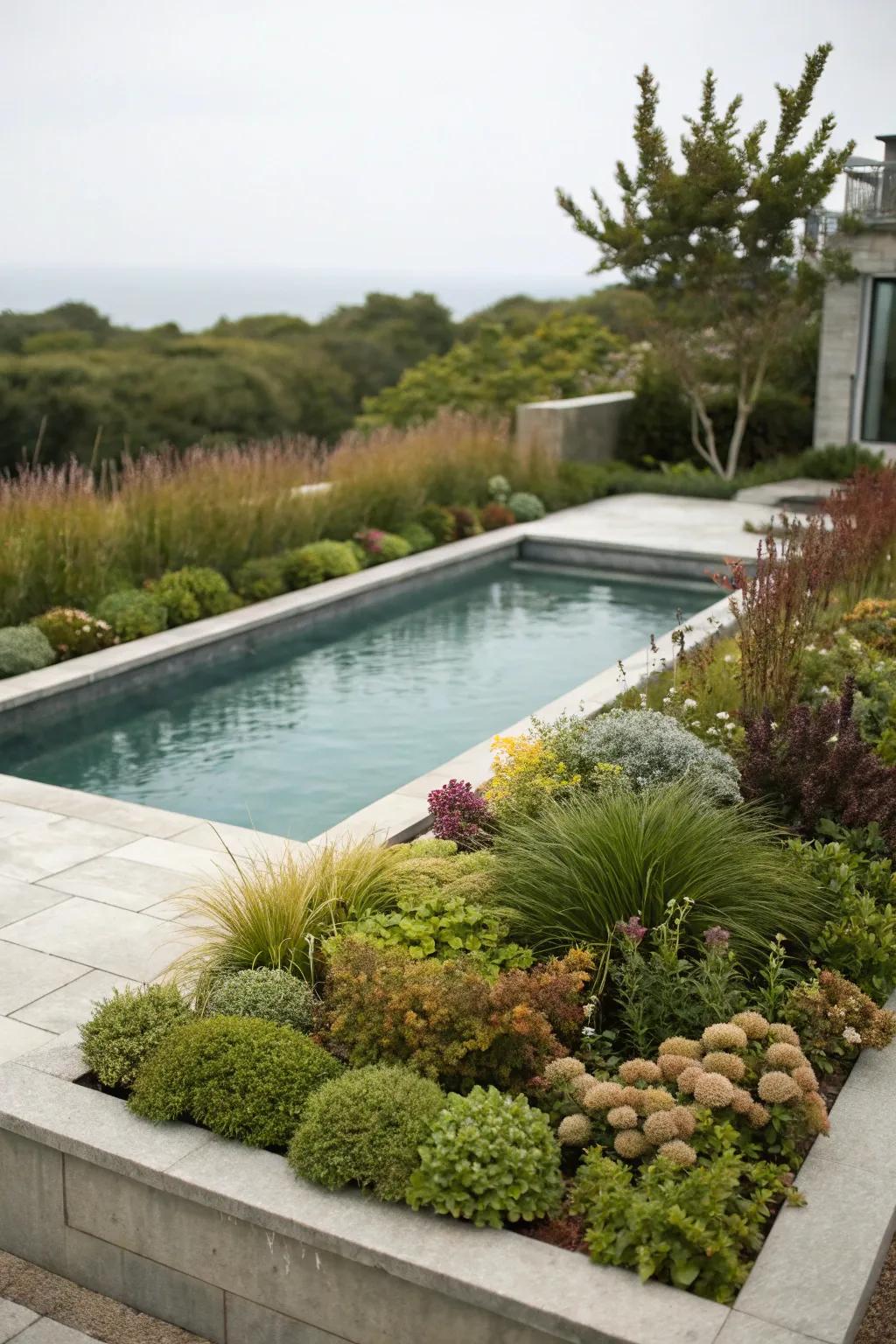 Layered planting adds depth and texture to the pool landscape.