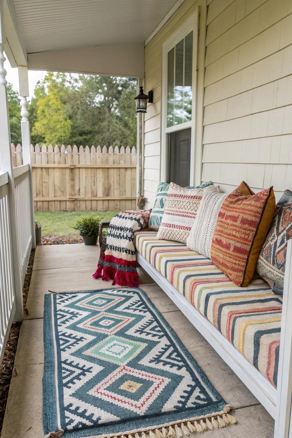 Patterned textiles add visual interest to a small porch.