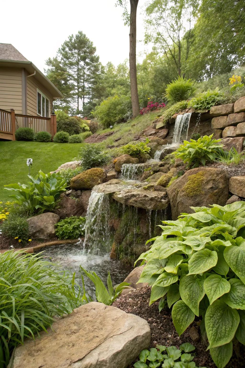 A hillside waterfall enhances the natural beauty of your garden.