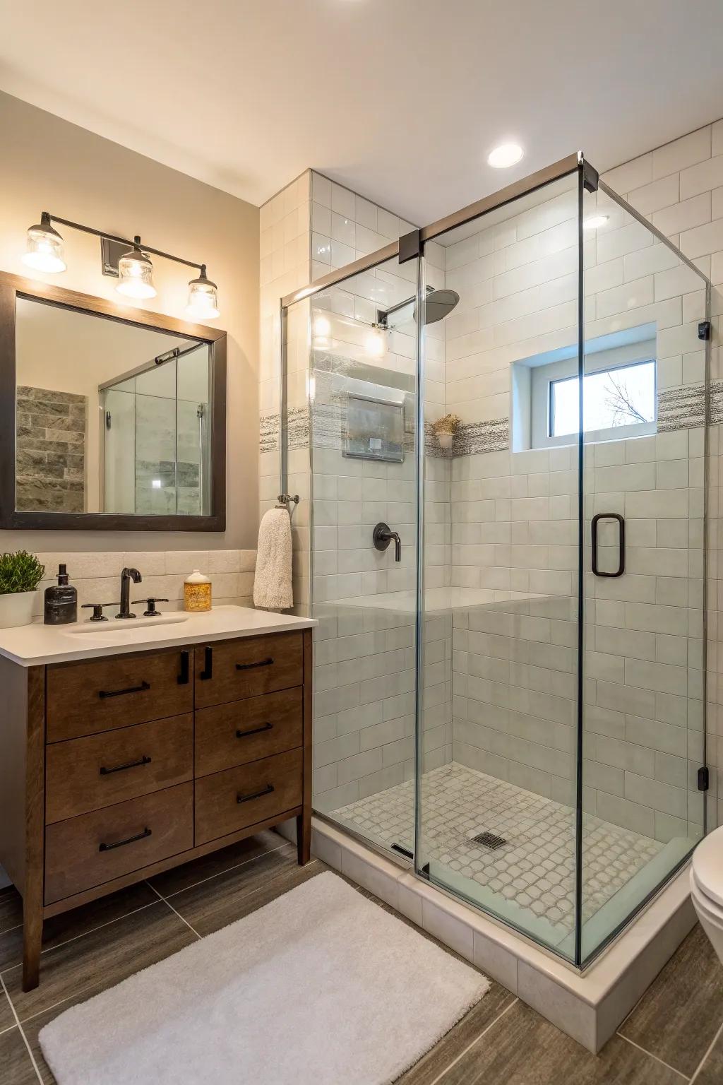 A frameless shower enhances openness in a compact bathroom.